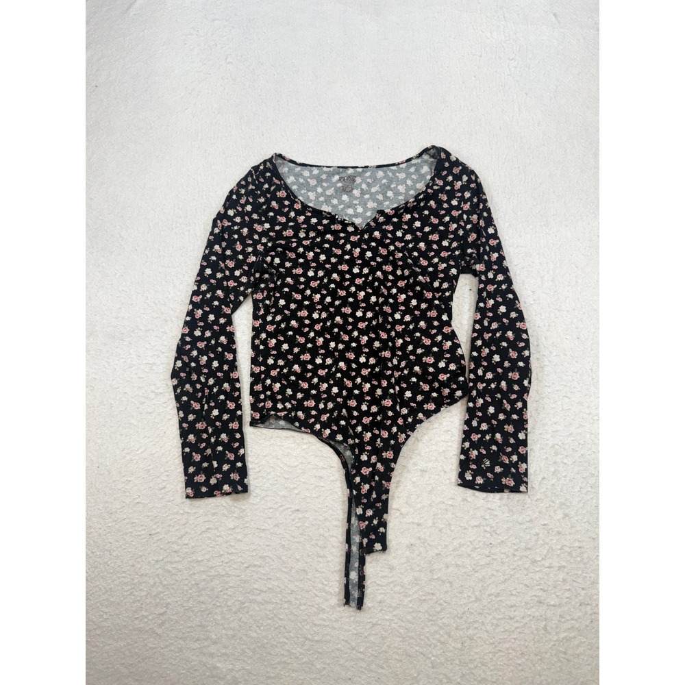 Victorias Secret PINK Floral Long Sleeve Bodysuit Black Pink Rose Scoop Neck L